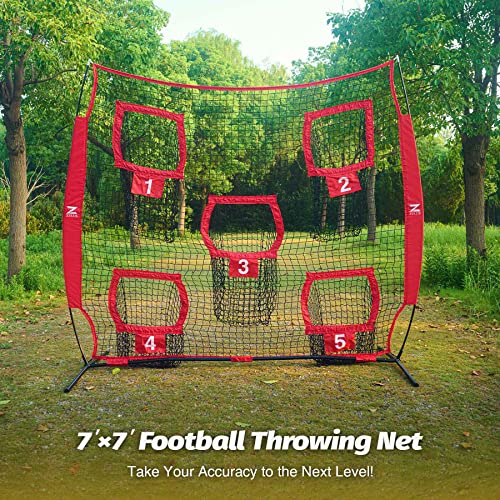 ZELUS 7 x 7ft Football Trainer Throwing Net | Training Target Practice with 5 Targets | Great for Quarterback | Includes Carry Bag - color: Red