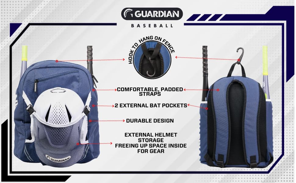 Guardian Baseball Backpack for Youth, Softball Bag for Girls, Durable Bat Bags Baseball Youth Boys and Girls, TBall Bag – Includes Hook to Hang on Fence - color: Navy/White