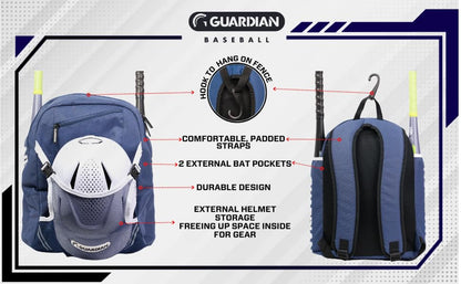 Guardian Baseball Backpack for Youth, Softball Bag for Girls, Durable Bat Bags Baseball Youth Boys and Girls, TBall Bag – Includes Hook to Hang on Fence - color: Navy/White