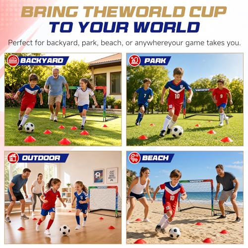 VAVOSPORT Kids Soccer Goals for Backyard Set, 2 Pack Portable Pop Up Soccer Goal with Soccer Net, Size 3 Soccer Ball, Pump, 10 Cones and Carry Bag, Toddler Soccer Training Equipment for Outdoor Games