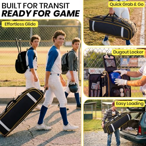 100L Rolling Catchers Gear Bag - Large Baseball & Softball Duffle with 5 Fence Hooks, Locker-Style Organizer, Holds 8 Bats, Vented Shoe Zone - Essential Pro Edition - color: Prime Black