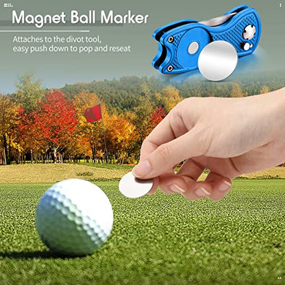 Skylety 4 Pcs Golf Divot Repair Tool Metal Foldable Golf Divot Tool with Magnetic Pop-up Button Ball Marker Stainless Steel Switchblade for Golfers Prizes - color: Blue