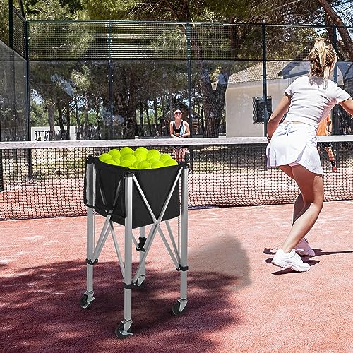 Portable Tennis Ball Hopper Holds 180 Balls, Tennis Ball Basket Cart with 4 Wheels & Brakes, Detachable Oxford Fabric Bag for Tennis and Pickleball Training, Black - color: Silver Aluminum