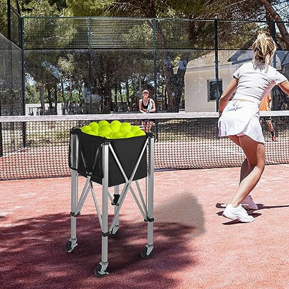 Portable Tennis Ball Hopper Holds 180 Balls, Tennis Ball Basket Cart with 4 Wheels & Brakes, Detachable Oxford Fabric Bag for Tennis and Pickleball Training, Black - color: Silver Aluminum
