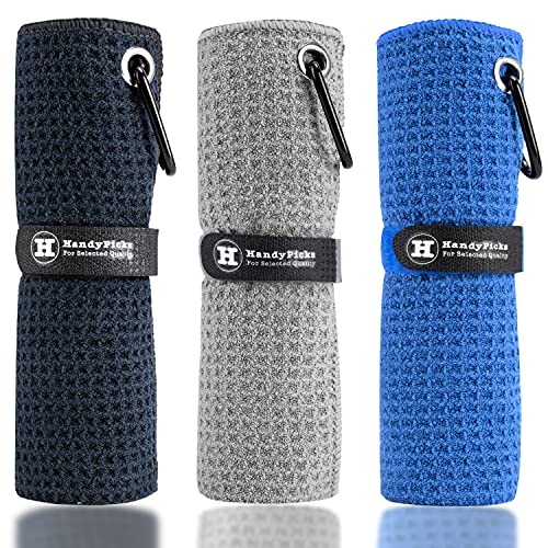 Handy Picks Microfiber Golf Towel (16" X 16") with Carabiner Clip, Waffle Pattern Golf Towel Hook and Loop Fastener - The Convenient Golf Cleaning Towel - color: Black/Grey/Blue