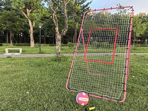 6-Angle Adjustable Volleyball Rebounder Net 7x4ft, High Stable Bounce Back Training Equipment for Practicing Volleying Bumping Spiking with High-Tension Net, PU Volleyball and Pump, Stakes - color: Pink