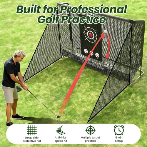 Golf Cage Practice Hitting Net, 10x7ft Golf Hitting net with Side Barriers/Auto-Ball Return, 2 Target Clothe, Golfs nets for Backyard Driving Chipping Swing Training, Indoor Outdoor Use