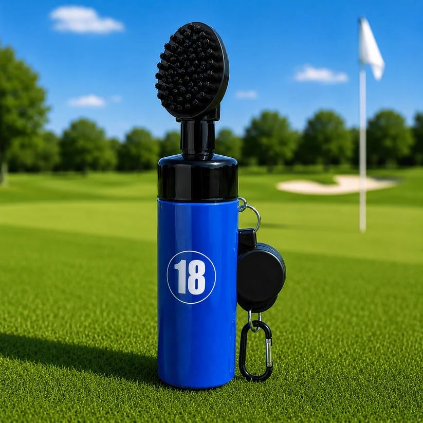 East/18 Aquabrush18 Golf Club Cleaner 4oz Pump Water Bottle Brush with Nylon Bristles, Retractor & Carabiner Clip | Lightweight, Durable & Leak-Resistant Cleaning