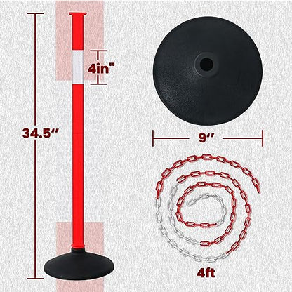 [3 Pack] Adjustable Traffic Delineator Post Cones with Rubber Weighted Base & Reflective Collars, Parking Safety Cones with 4 FT Plastic Chains -Orange Driveway & Parking Barrier（Patented）