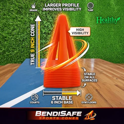 Soccer Training Cones Set of 12 - Flexible Agility Marker Cones for Soccer, Football, Hockey & Basketball Drills - 9” Tall 6” Base - High Visibility Orange Field Marker Cones - Made in USA - BendiSafe