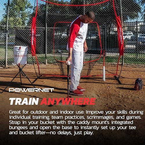 PowerNet Corbin Carroll Baseball Softball Deluxe (2.5 lbs) Batting Tee + Bucket Caddy Lifter Bundle, Training and Drills, Adjustable Height Tee 27.5" - 44", Lifter Holds All Standard Buckets