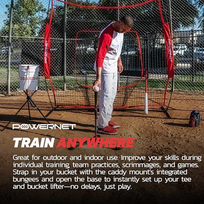 PowerNet Corbin Carroll Baseball Softball Deluxe (2.5 lbs) Batting Tee + Bucket Caddy Lifter Bundle, Training and Drills, Adjustable Height Tee 27.5" - 44", Lifter Holds All Standard Buckets