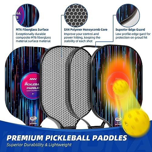 HITTIONA Pickleball Paddles - Fiberglass Pickleball Paddles Set of 2, USAPA Approved Pickle Ball Rackets 2 Pack with 4 Pickleball Balls, 1 Pickleball Net Bag, Paddles Ball Set for Beginners