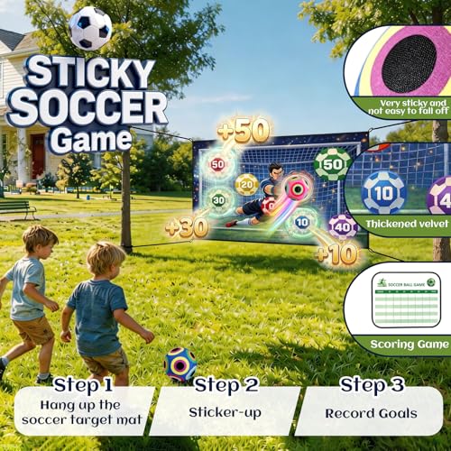 Soccer Ball Game Mat Set for Kids, Sticky Soccer Target Game with 59 x 39 in Flannel Mat, Scoreboard and 2 Balls, Indoor Outdoor Soccer Toys for Ages 3–8 (Medium)