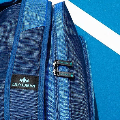 Diadem Tour V3 Paddle Backpack Bag - Spacious Pickleball Gear Bag with 10 Paddle Capacity | Shoe Compartment | Neoprene Side Pockets | Stylish and Durable | Blue with White Trim