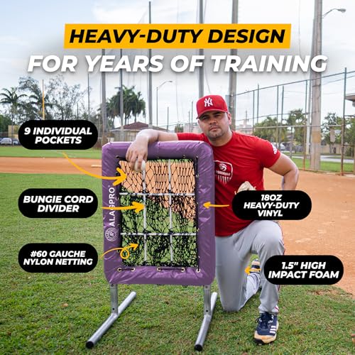 ALAGPRO® 9 Hole Pitching Net with Strike Zone - Baseball and Softball Training - Batting, Throwing and Hitting Practice Equipment - Portable, Backyard Setup
