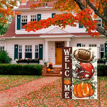 AVOIN colorlife Fall Football Garden Flag 12x18 Inch Double Sided Outside, Welcome Autumn Pumpkin Seasonal Yard Outdoor Flag Red
