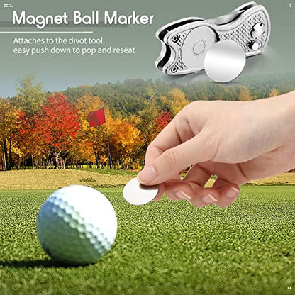 Skylety 4 Pcs Golf Divot Repair Tool Metal Foldable Golf Divot Tool with Magnetic Pop-up Button Ball Marker Stainless Steel Switchblade for Golfers Prizes - color: Silver