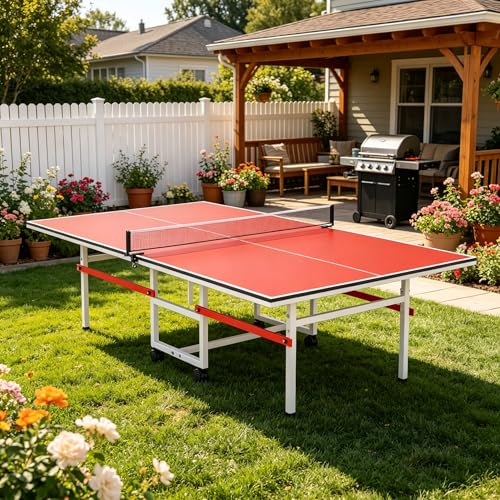 8FT Table Tennis Table with Net, Indoor/Outdoor Professional Ping Pong Table for Kids Adults, Folding Ping Pong Table, Complete Set with Paddles and Balls, School Playground Game Table