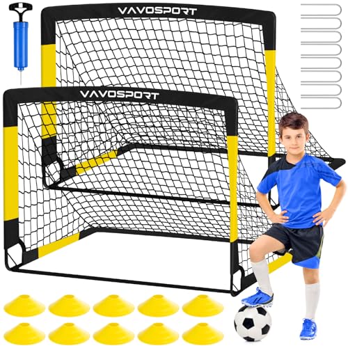 VAVOSPORT Kids Soccer Goals for Backyard Set, 2 of 4x3 / 6x4 ft Portable Soccer Goal Nets, Pop Up Mini Toddler Soccer Net Training Equipment & Ball, Cones for Ages 3-14, Outdoor Games Gifts for Kids - color: Black Yellow, style: 4 ft x 3 ft