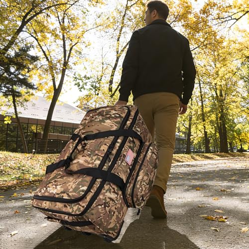 150L Large Rolling Duffle Bag with Wheels, Heavy Duty 32'' Tri-Wheel Gear Hauler for Camping,Moving Sports Equipment,Military & Airline Checked Bag Approved,Camo - color: Camo