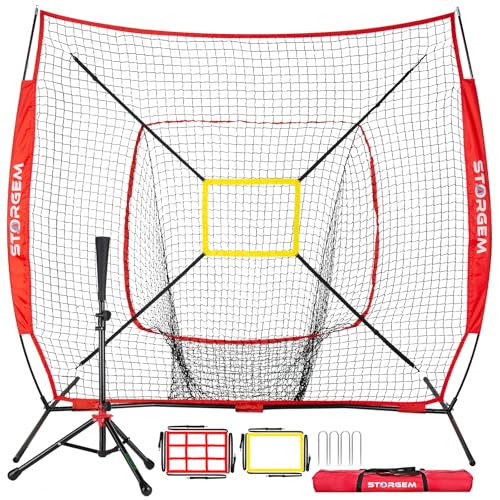 Storgem Baseball and Softball Practice Net 7×7ft Portable Hitting Pitching Batting Training Net Baseball Backstop Net with Batting Tee and Strike Zone and Bow Frame - color: Red