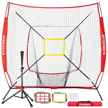 Storgem Baseball and Softball Practice Net 7×7ft Portable Hitting Pitching Batting Training Net Baseball Backstop Net with Batting Tee and Strike Zone and Bow Frame - color: Red