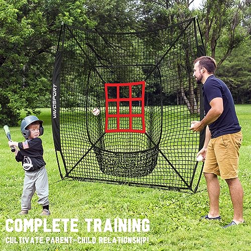 VAVOSPORT 7x7' Baseball Net Set - Portable Softball & Baseball Net, Batting Tee, Ball Caddy, Strike Zone, Training Equipment for Youth Practice