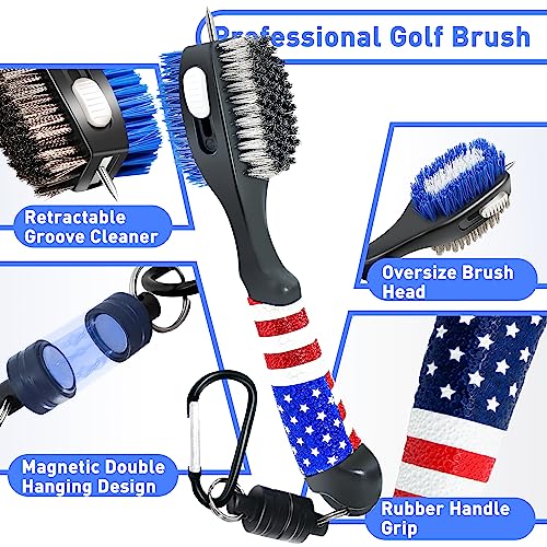 Golf Club Brush and Amercian Flag Golf Towels, Golf Groove Cleaner Cleaning kit, Golf Accessories Cleaner Tool with Strong Magnet Stick to Golf Clubs or Bag - color: 3-in-1 Accessories