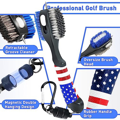 Golf Club Brush and Amercian Flag Golf Towels, Golf Groove Cleaner Cleaning kit, Golf Accessories Cleaner Tool with Strong Magnet Stick to Golf Clubs or Bag - color: 3-in-1 Accessories
