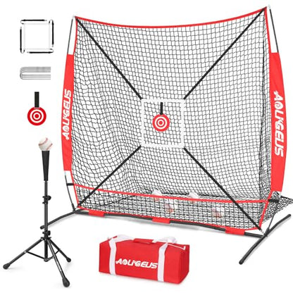 6'X6' Baseball Softball Practice Net,Pitching Net,Batting Net,with Bonus Strike Zone,Target and Bow Frame,for Hitting,Pitching,Catching - size: 6 x 6 FT, style: Full Mouth Version-Red