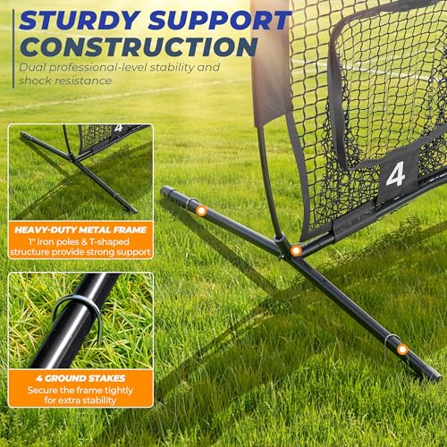 7x7ft/8x8ft Football Throwing Net, Quarterback Training Equipment with 5 Target Pockets, Includes Football, Portable Carry Bag