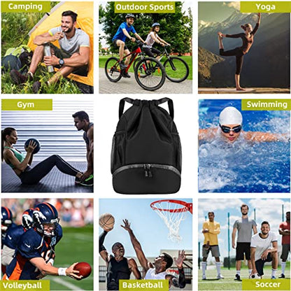Soccer Bags, Waterproof Drawstring Gym Backpack for Baskestball Rugby Volleyball Yoga, Large Capacity Sports Bag - color: Black