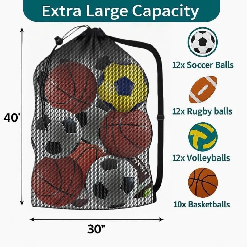 Extra Large Soccer Ball Bag，40x30 Inch Extra Large Mesh Equipment Sack for Coaches, Storage Bag for Basketball, Volleyball, Gym Equipment, Swimming Gear - color: Black+Black (No Pocket)
