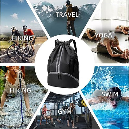 Valleycomfy Sports Drawstring Backpack - Water Resistant String Bag with Side Mesh Pockets Shoe Compartment Gym Backpack for Women & Men Black - color: A-black