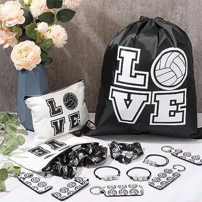 Tigeen 60 Pcs Volleyball Gifts for Teen Girls Volleyball Drawstring Gift Bags Charm Bracelet Hair Scrunchies Makeup Bag Lipstick Holders Keychain Sports Party Supplies