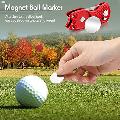Skylety 4 Pcs Golf Divot Repair Tool Metal Foldable Golf Divot Tool with Magnetic Pop-up Button Ball Marker Stainless Steel Switchblade for Golfers Prizes - color: Red, Silver