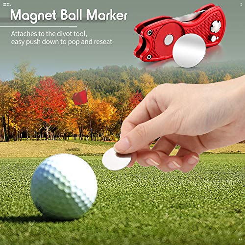 Skylety 4 Pcs Golf Divot Repair Tool Metal Foldable Golf Divot Tool with Magnetic Pop-up Button Ball Marker Stainless Steel Switchblade for Golfers Prizes - color: Red, Blue
