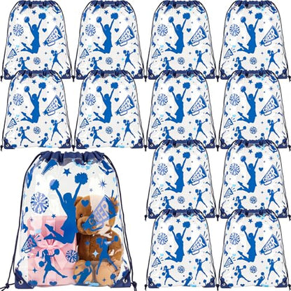 Cholemy 12 Pcs Clear Cheer Drawstring Bags for Cheerleaders 17 x 13 Inch, Transparent Sports Cheerleading Gift Goodie Treat Bags for Team, Waterproof String Backpacks for Girls Cheer Camp - style: Cheer Style