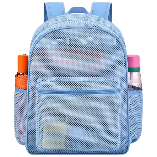Oraben Heavy Duty Mesh Pack with Rain Cover- See Through Backpack Mesh Backpack Ideal for Class, Work, Travel, or Beach Outings (Sky Blue) - color: Sky Blue