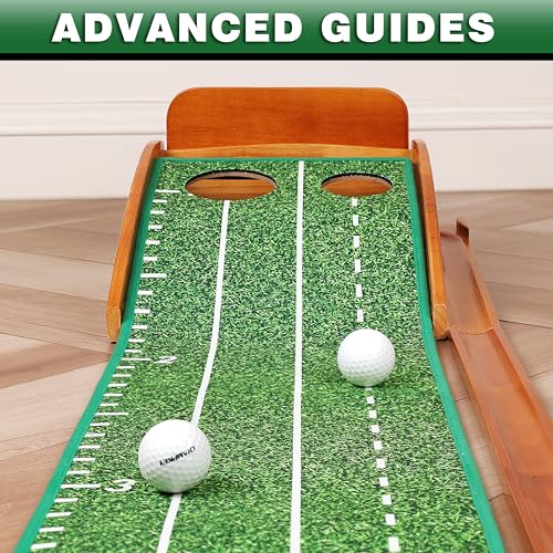 CHAMPKEY Premium Golf Putting Green Indoor with 3 Golf Putting Gates - Improves Putting Accuracy and Skill Levels Golf Putting Mat - Ideal for Indoor and Outdoor Training - style: Dual Hole - Wooden