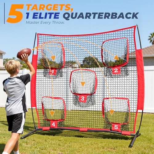 7x7ft/8x8ft Football Throwing Net, Quarterback Training Equipment with 5 Target Pockets, Includes Football, Portable Carry Bag