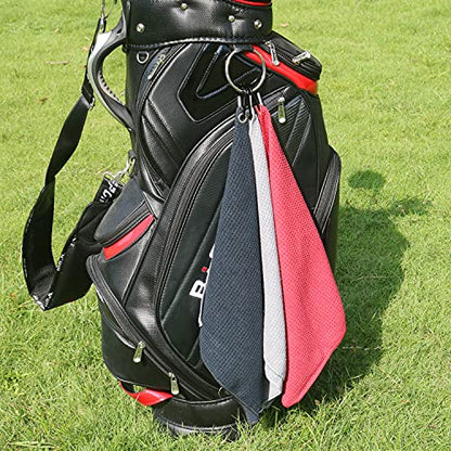 Handy Picks Microfiber Golf Towel (16" X 16") with Carabiner Clip, Waffle Pattern Golf Towel Hook and Loop Fastener - The Convenient Golf Cleaning Towel - color: Black/Grey/Red