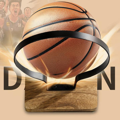 Basketball Holder Wall Mount with Wooden Base, 2 Pcs Ball Storage Holder for Football Basketball Soccer Rugby Display Rack - Boys Sports Accessories Organizer