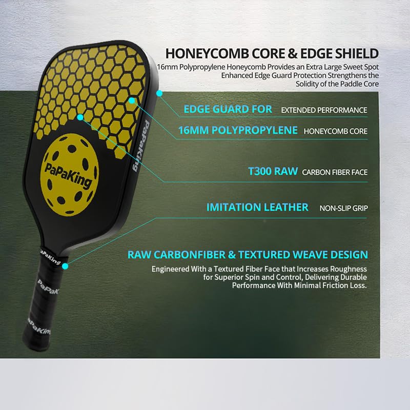 Carbon Fiber Pickleball Paddle with 2 Balls, Lightweight Paddle with Large Sweet Spot & Vibration Damping, Carbon Fiber Textured Surface for High Spin & Control, PP Honeycomb Core