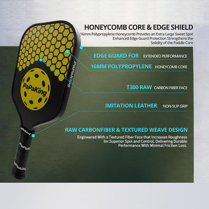 Carbon Fiber Pickleball Paddle with 2 Balls, Lightweight Paddle with Large Sweet Spot & Vibration Damping, Carbon Fiber Textured Surface for High Spin & Control, PP Honeycomb Core