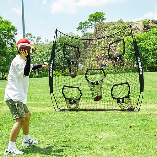 BaseGoal Football Nets for Throwing,Football Target,Quarterback Training Equipment with 5 Target Pockets for Improving Football Accuracy Throwing-8 x 8 ft or 7 x 7 ft Nets - color: 8 x 8 Ft Black + Ball