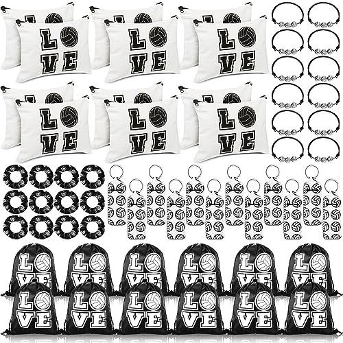 Tigeen 60 Pcs Volleyball Gifts for Teen Girls Volleyball Drawstring Gift Bags Charm Bracelet Hair Scrunchies Makeup Bag Lipstick Holders Keychain Sports Party Supplies