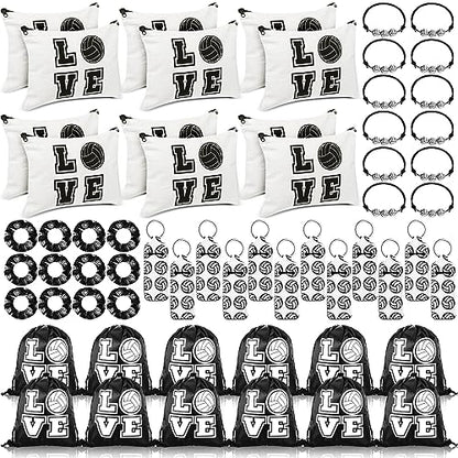 Tigeen 60 Pcs Volleyball Gifts for Teen Girls Volleyball Drawstring Gift Bags Charm Bracelet Hair Scrunchies Makeup Bag Lipstick Holders Keychain Sports Party Supplies