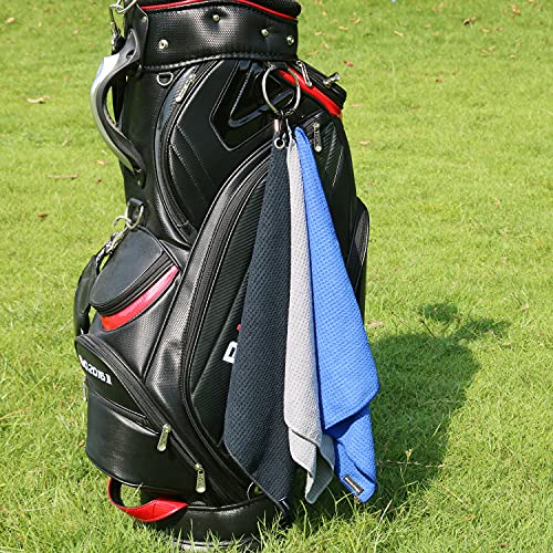 Handy Picks Microfiber Golf Towel (16" X 16") with Carabiner Clip, Waffle Pattern Golf Towel Hook and Loop Fastener - The Convenient Golf Cleaning Towel - color: Black/Grey/Blue